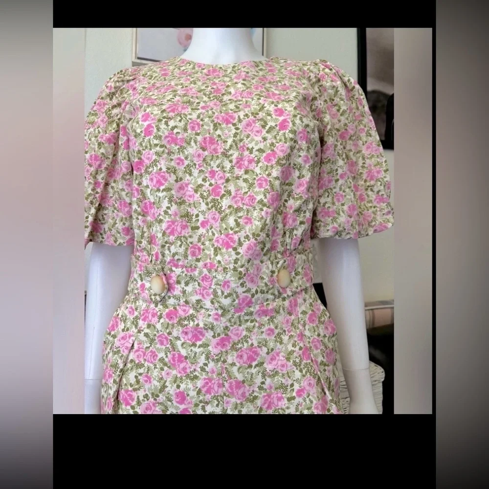 Sézane Claude Jumpsuit Wide Legs Balloon Sleeves Linen/Cotton Pink Green Size 2